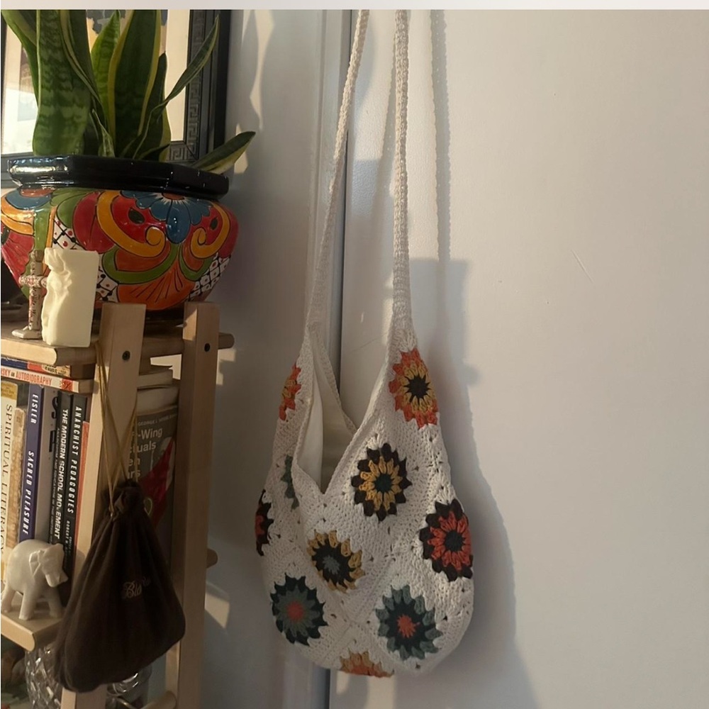 Handmade Crochet Shoulder Bag - Multicolor Floral Design